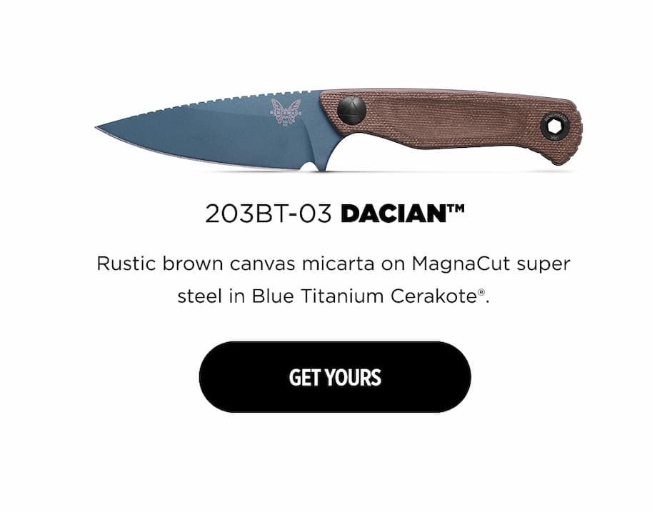 203BT-03 DACIAN&trade; Rustic brown canvas micarta on MagnaCut super steel in Blue Titanium Cerakote&reg;&rdquo;.