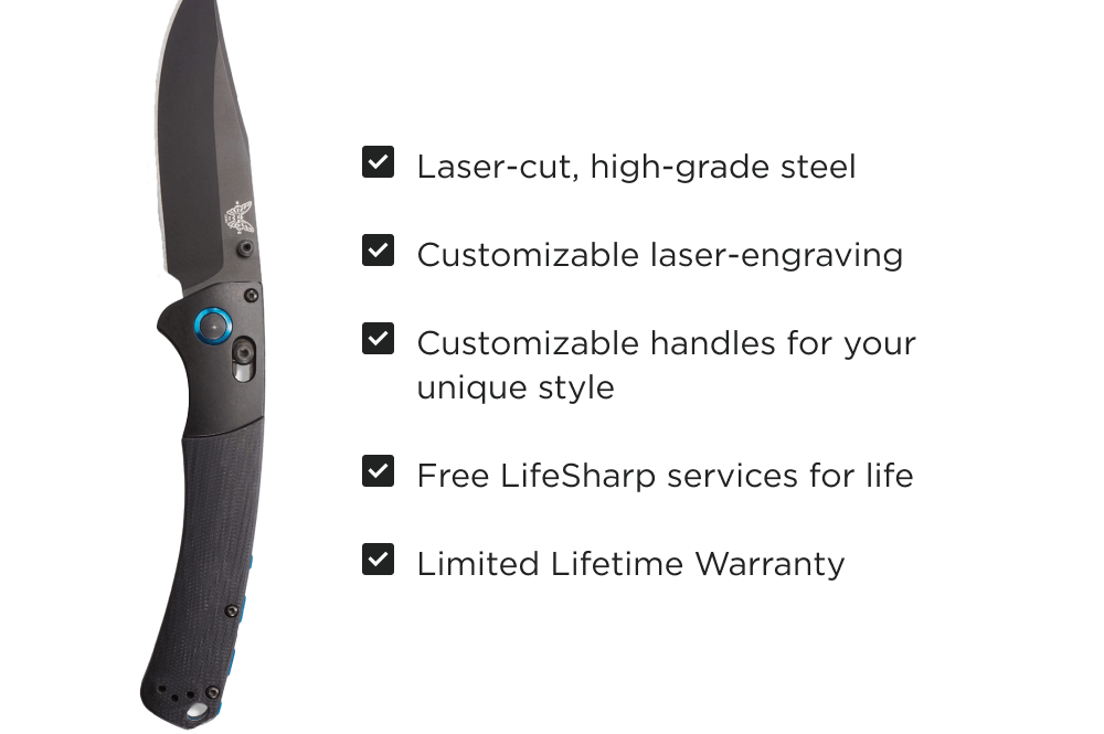 Laser-cut, high-grade American steel Customizable laser-engraving Customizable handles for your unique style Free LifeSharp services for life Limited lifetime warranty Handmade in Oregon