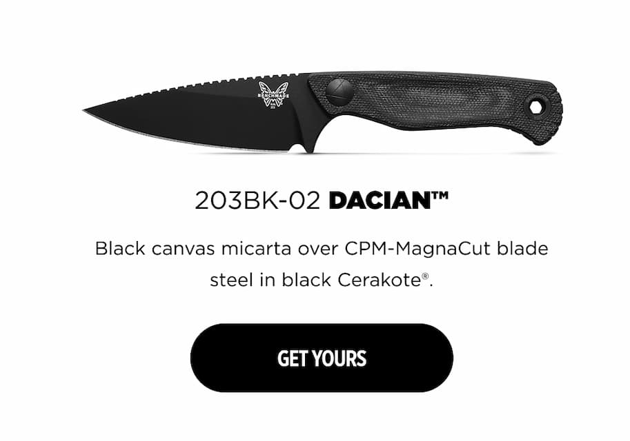 203BK-02 DACIAN&trade; Black canvas micarta over CPM-MagnaCut blade steel in black Cerakote&reg;.