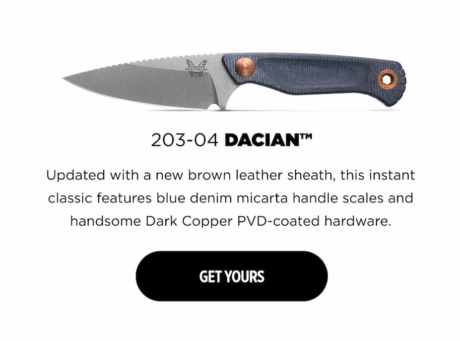 203-04 DACIAN&trade; Updated with a new brown leather sheath, this instant classic features blue denim micarta handle scales and handsome Dark Copper PVD-coated hardware.