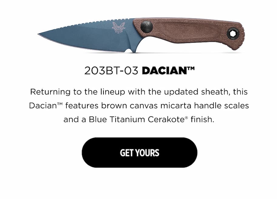 203BT-03 DACIAN&trade; Returning to the lineup with the updated sheath, this Dacian&trade; features brown canvas micarta handle scales and a Blue Titanium Cerakote&reg; finish.
