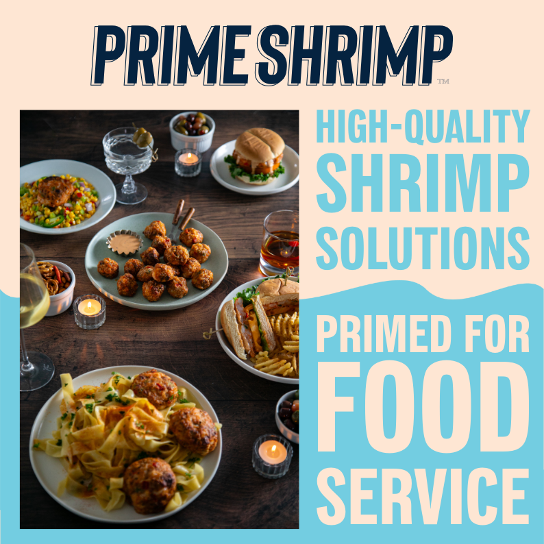 Shrimp bites, cakes, and burgers on a bar table