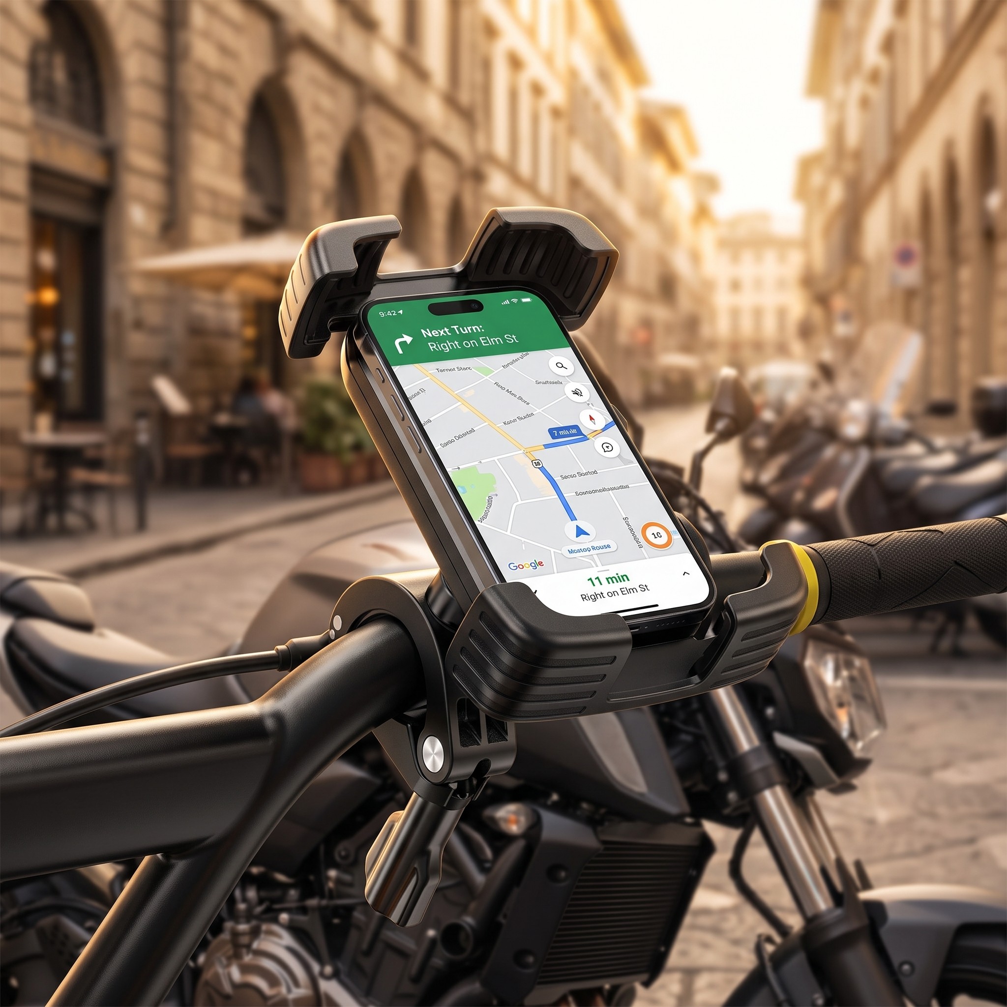 Bastion Secure Grip phone mount holding a phone with navigation on a motorcycle handlebar