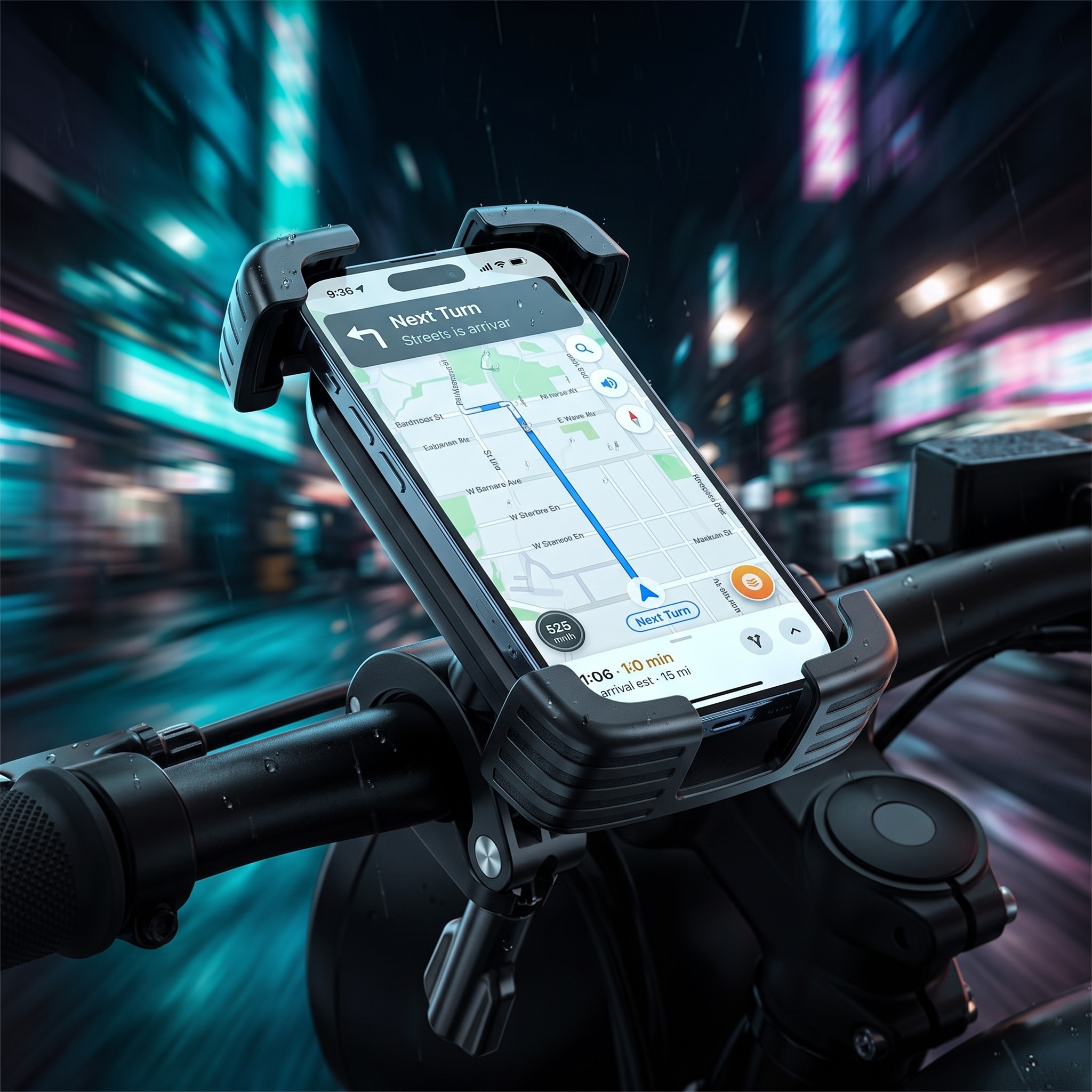 Phone mounted and glowing with navigation on a night city ride