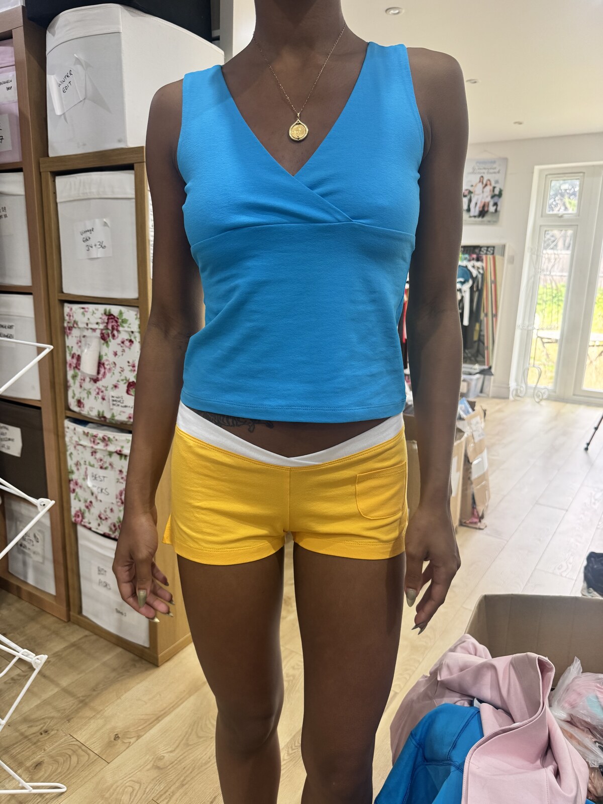 Blue and banana Lorelle fitting from the Sprinkles sampling process