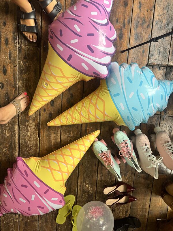 Ice-cream inflatables and roller skates prepared for the Sprinkles shoot