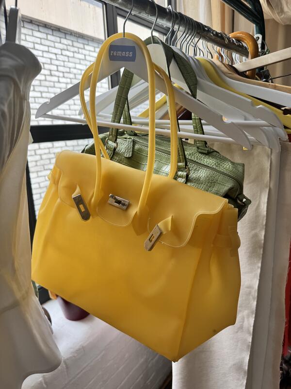 Colourful yellow and green bags prepared for the Sprinkles shoot
