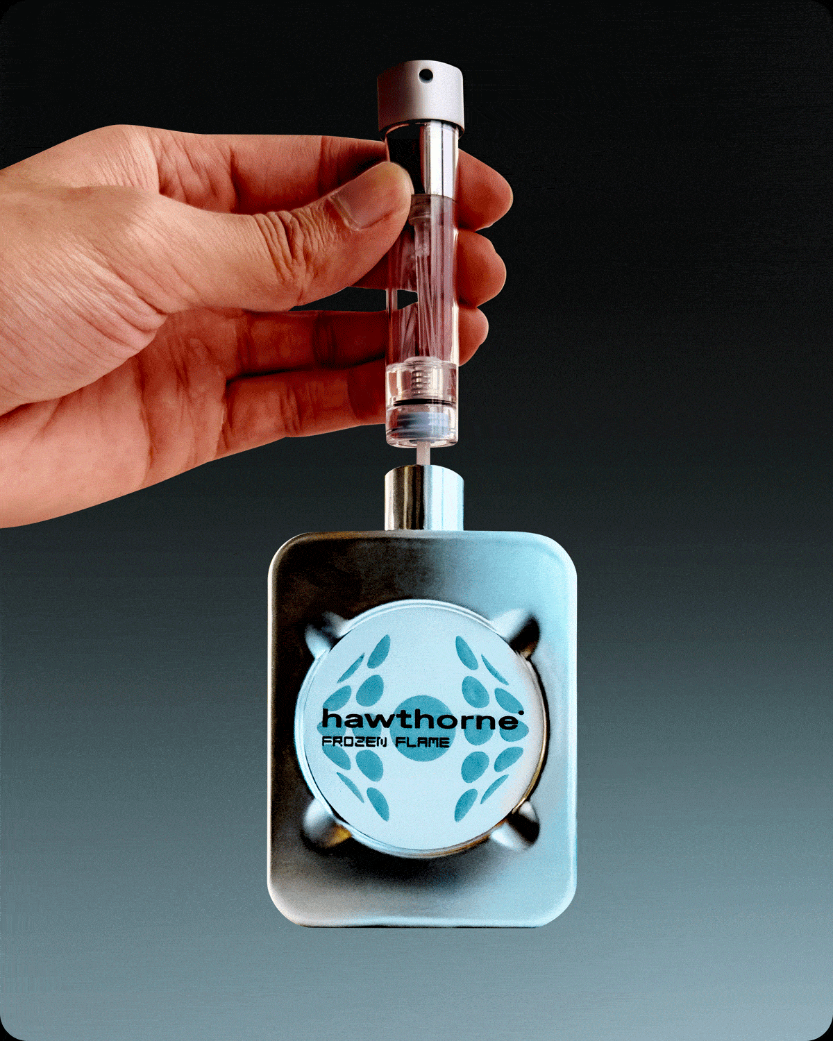 Remove top of sprayer from full-size cologne then pump cologne into bottom of inner tube.