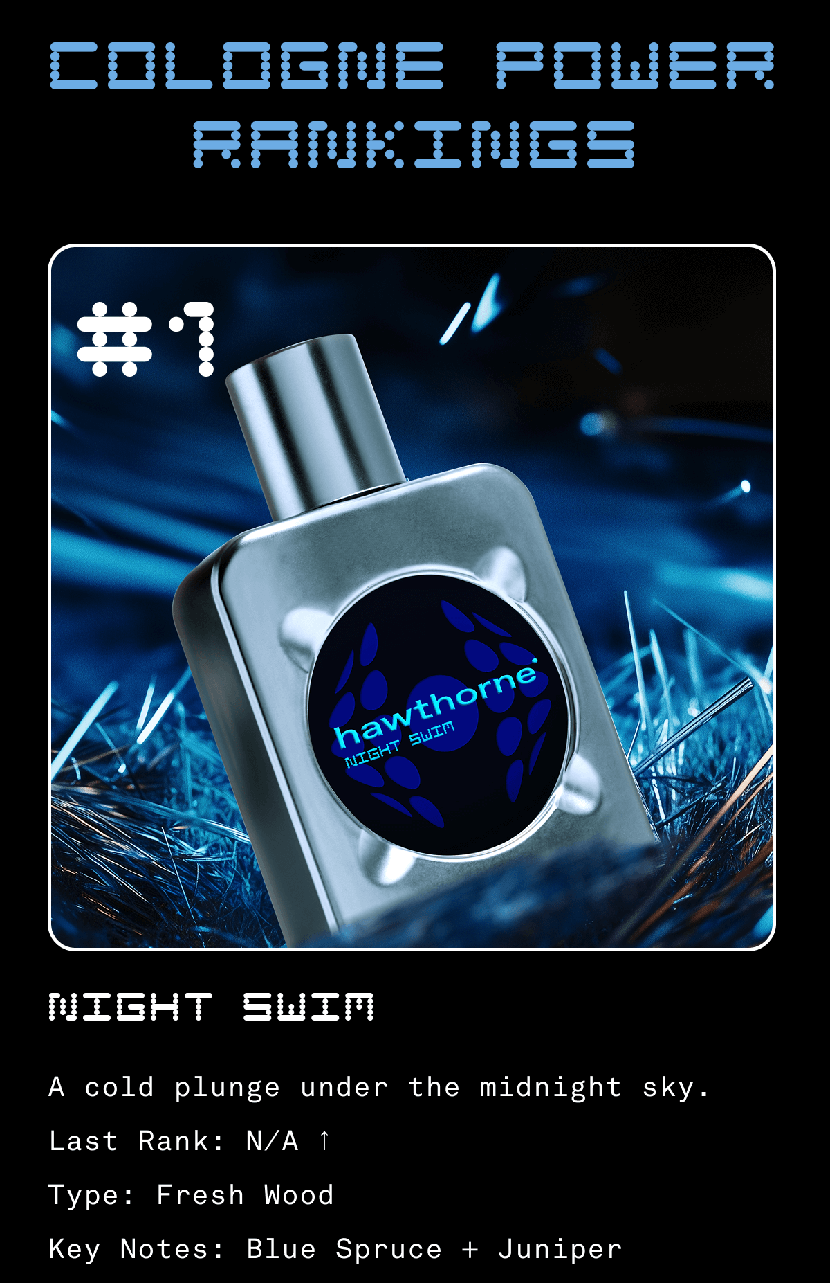 COLOGNE POWER RANKINGS  #1 Night Swim A cold plunge under the midnight sky. Last Rank: N/A ↑ Type: Fresh Wood Key Notes: Blue Spruce + Juniper
