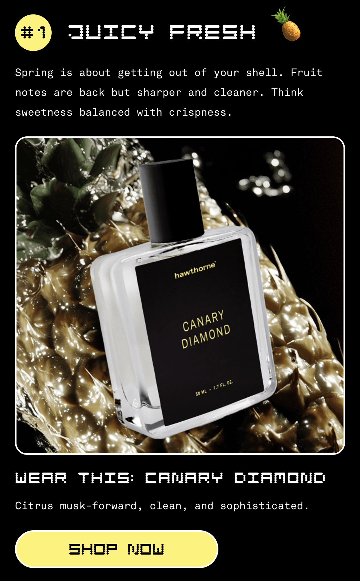 #1 JUICY FRESH 🍍 | Spring is about getting out of your shell. Fruit notes are back but sharper and cleaner. Think sweetness balanced with crispness. | WEAR THIS: CANARY DIAMOND | Citrus musk-forward, clean, and sophisticated. | SHOP NOW