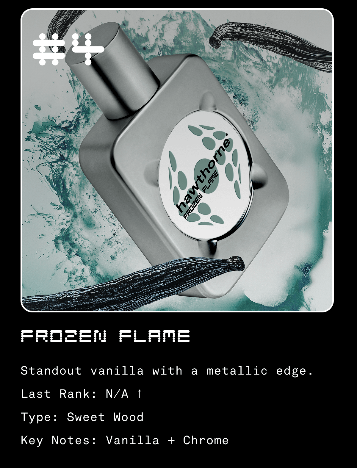 #4 Frozen Flame Standout vanilla with a metallic edge. Last Rank: N/A ↑ Type: Sweet Wood Key Notes: Vanilla + Chrome