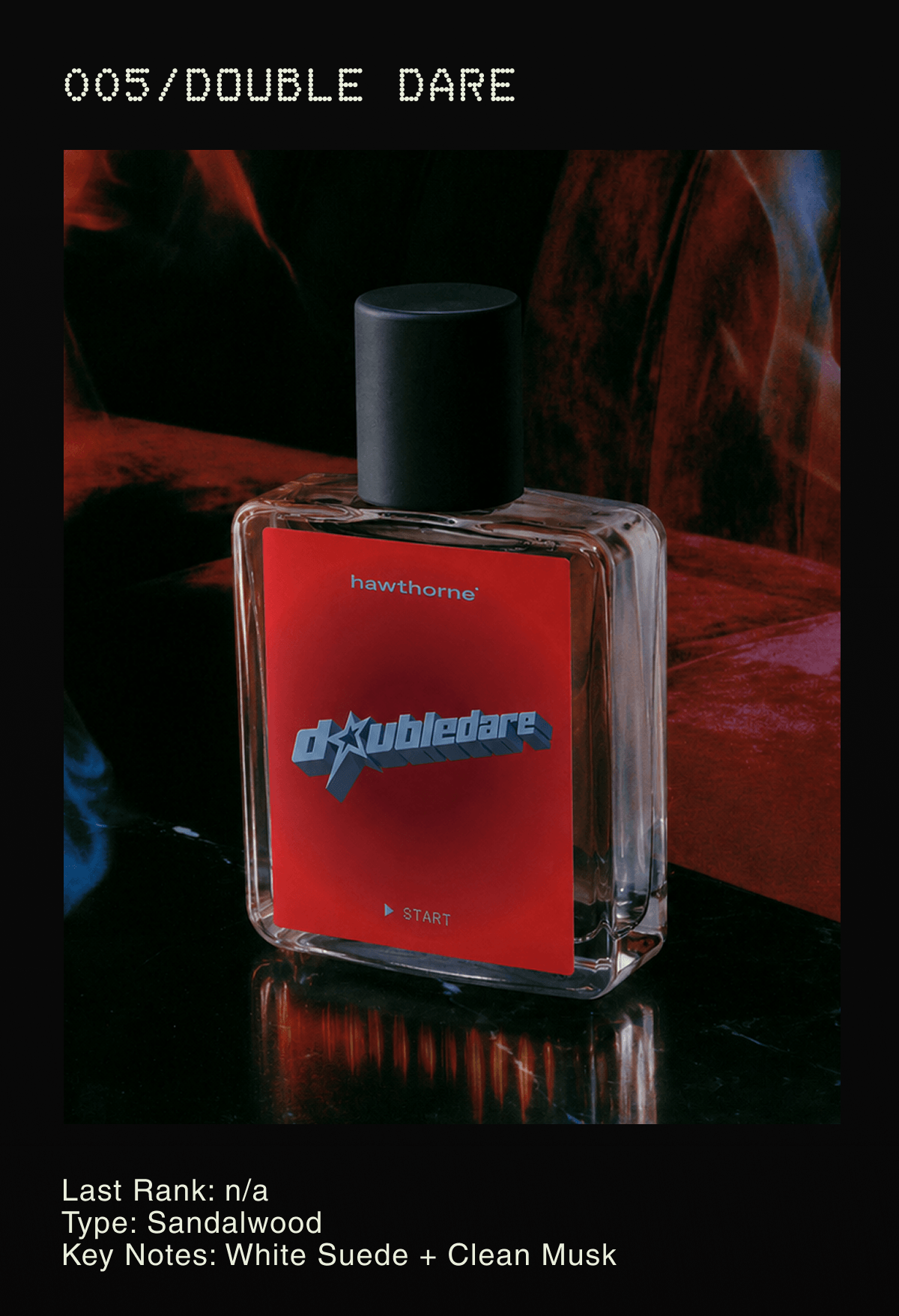 005/Double Dare | Last Rank: n/a Type: Sandalwood Key Notes: White Suede + Clean Musk