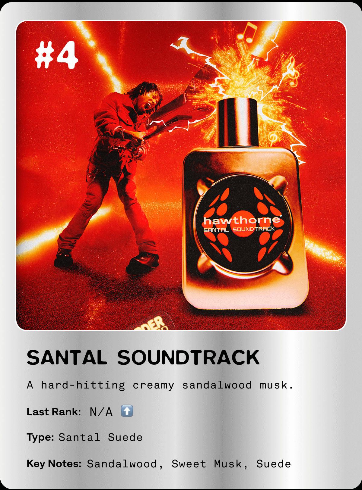 SANTAL SOUNDTRACK  A hard-hitting creamy sandalwood musk Type: Santal Suede Key Notes: Sandalwood, Sweet Musk, Suede  SANTAL SOUNDTRACK  A hard-hitting creamy sandalwood musk Type: Santal Suede Key Notes: Sandalwood, Sweet Musk, Suede