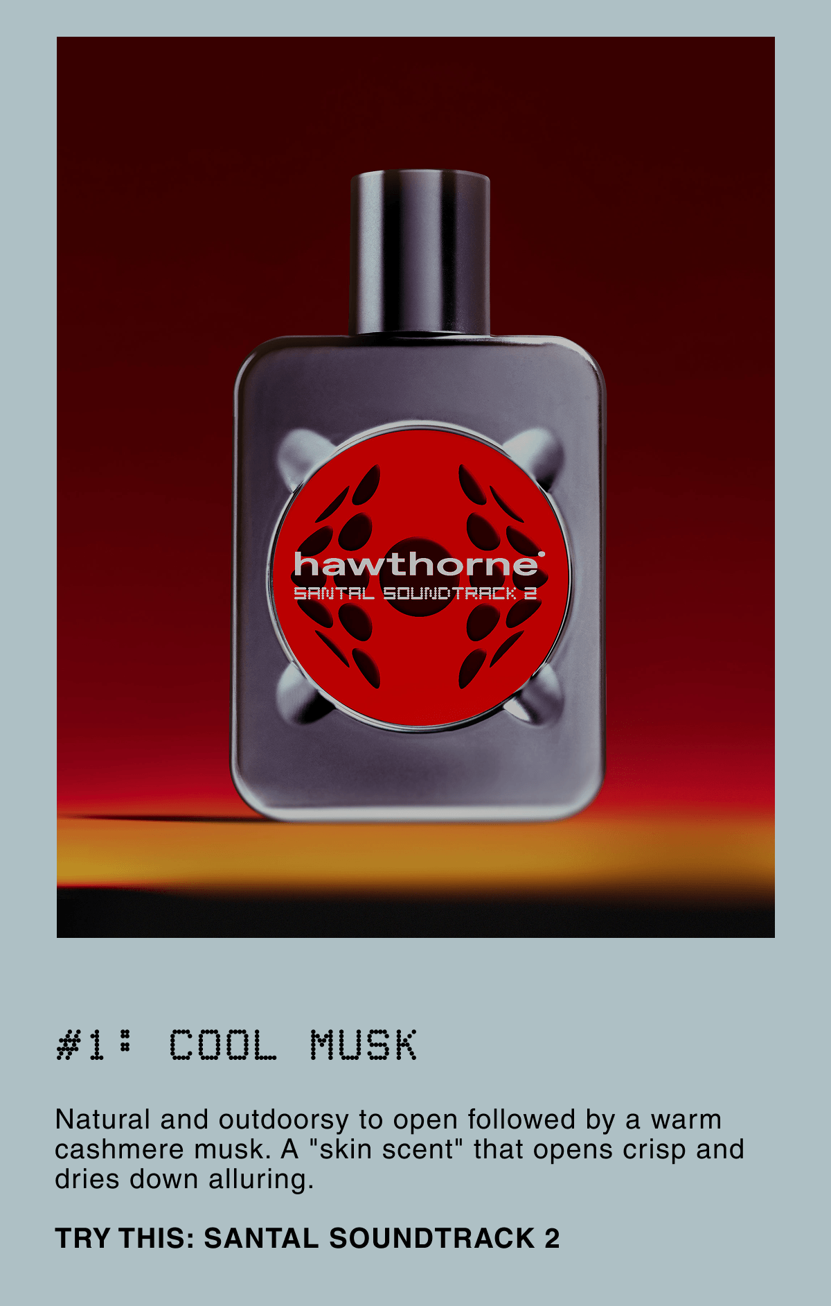 #1: COOL MUSK |Natural and outdoorsy to open followed by a warm cashmere musk. A "skin scent" that opens crisp and dries down alluring.  TRY THIS: SANTAL SOUNDTRACK 2 