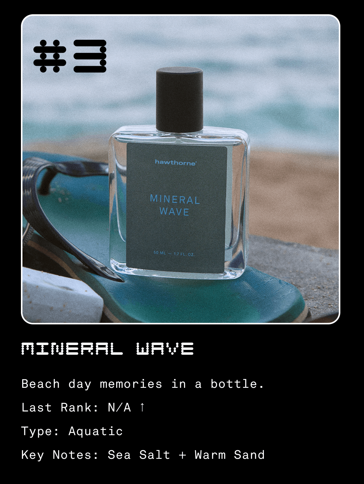 #3 Mineral Wave Beach day memories in a bottle. Last Rank: N/A ↑ Type: Aquatic Key Notes: Sea Salt + Warm Sand