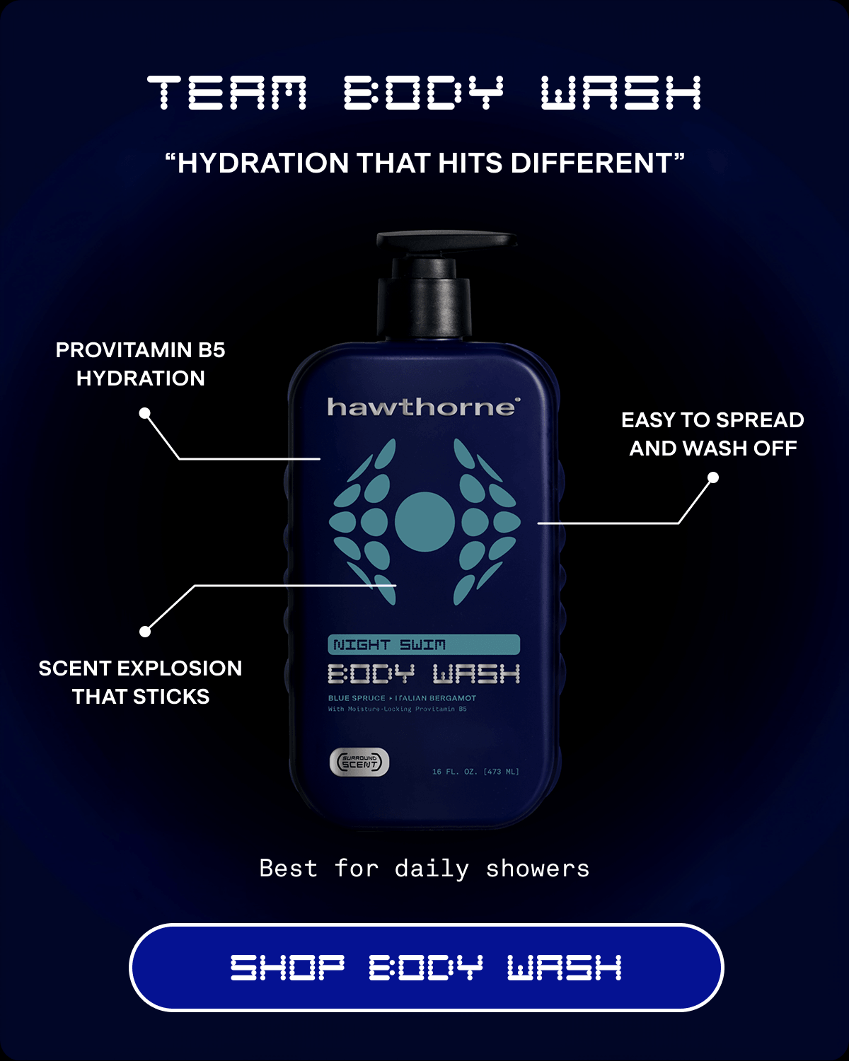 Team Body Wash | “Hydration that Hits Different” | Provitamin B5 hydration | Easy to spread and wash off | Scent explosion that sticks | Best for: daily showers | SHOP BODY WASH