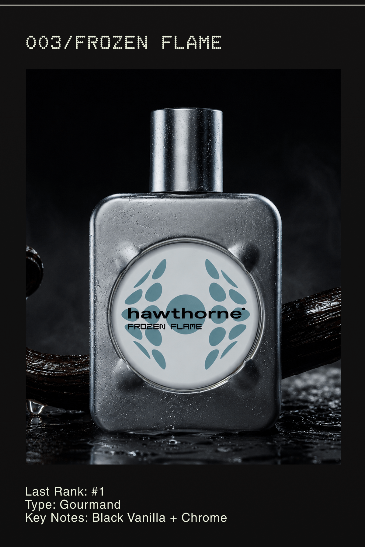 003/Frozen Flame | Last Rank: #1 Type: Gourmand Key Notes: Black Vanilla + Chrome