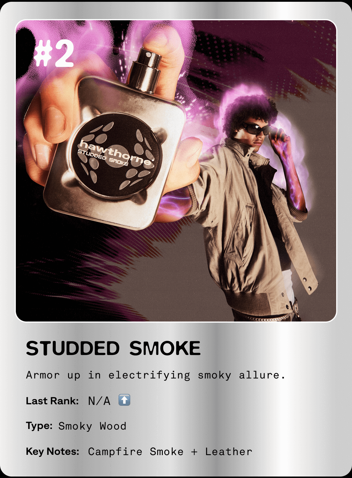 STUDDED SMOKE Armor up in electrifying smoky allure. Last Rank: N/A ⬆️ Type: Smoky Wood Key Notes: Campfire Smoke + Leather  STUDDED SMOKE Armor up in electrifying smoky allure. Last Rank: N/A ⬆️ Type: Smoky Wood Key Notes: Campfire Smoke + Leather