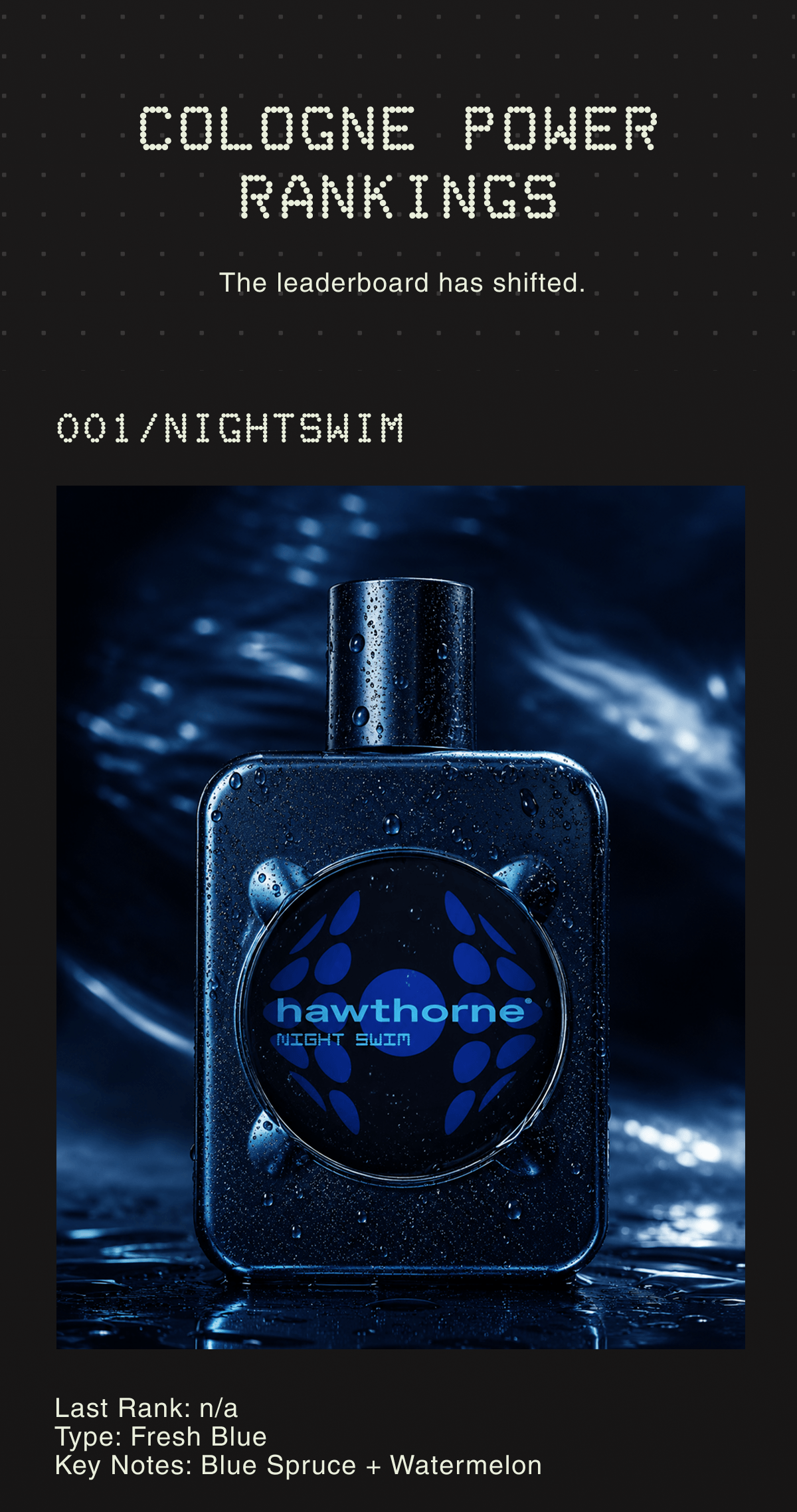 COLOGNE POWER RANKINGS The leaderboard has shifted. | 001/NIGHTSWIM | Last Rank: n/a Type: Fresh Blue Key Notes: Blue Spruce + Watermelon | 