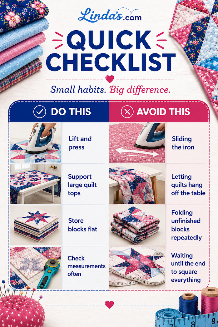 Pressing a quilt block carefully to keep it square