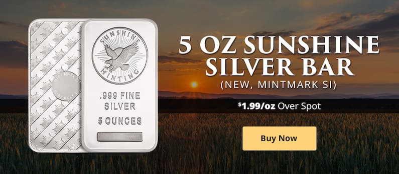 ON SALE: 5 oz Sunshine Silver Bar (New, MintMark SI)