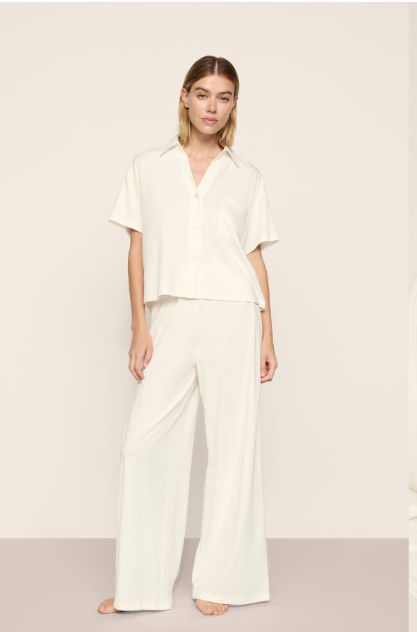 Pima Cotton Short Sleeve & Pant PJ Set Ivory