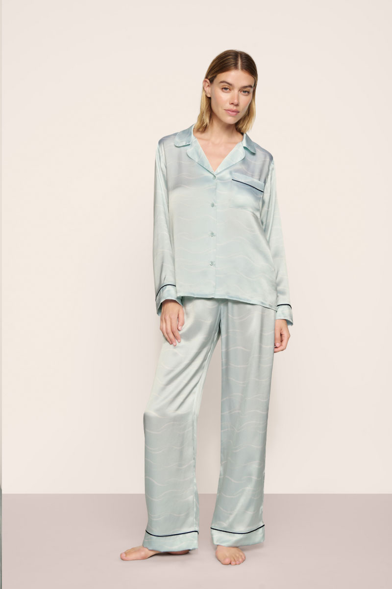 Inez Washable Silk Printed Long PJ Set - Waves Memorable Blue/Navy