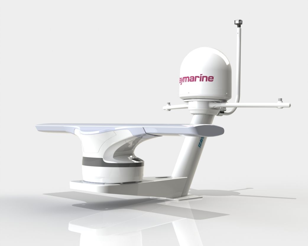 Seaview dual mount carrying a Raymarine Cyclone radar, satellite dome and light bar