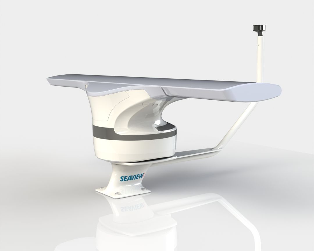 Raymarine Cyclone open-array radar on a white Seaview pedestal with a light bar
