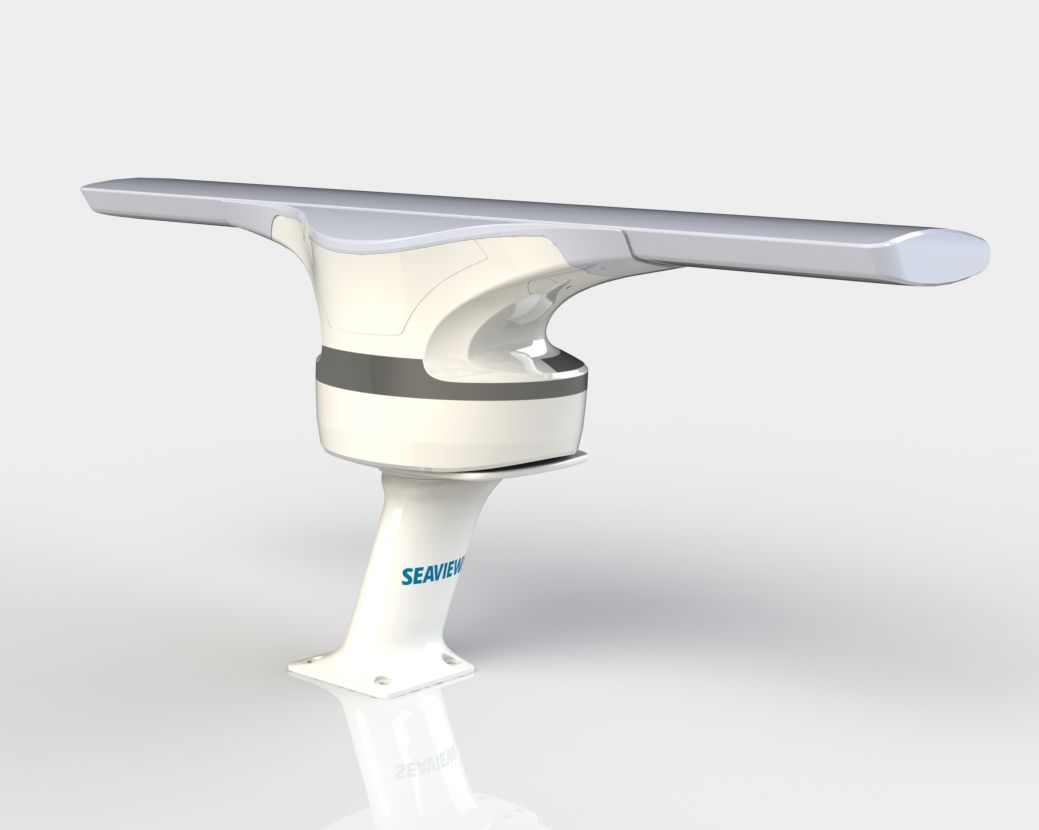 Raymarine Cyclone open-array radar on a tall white Seaview pedestal mount