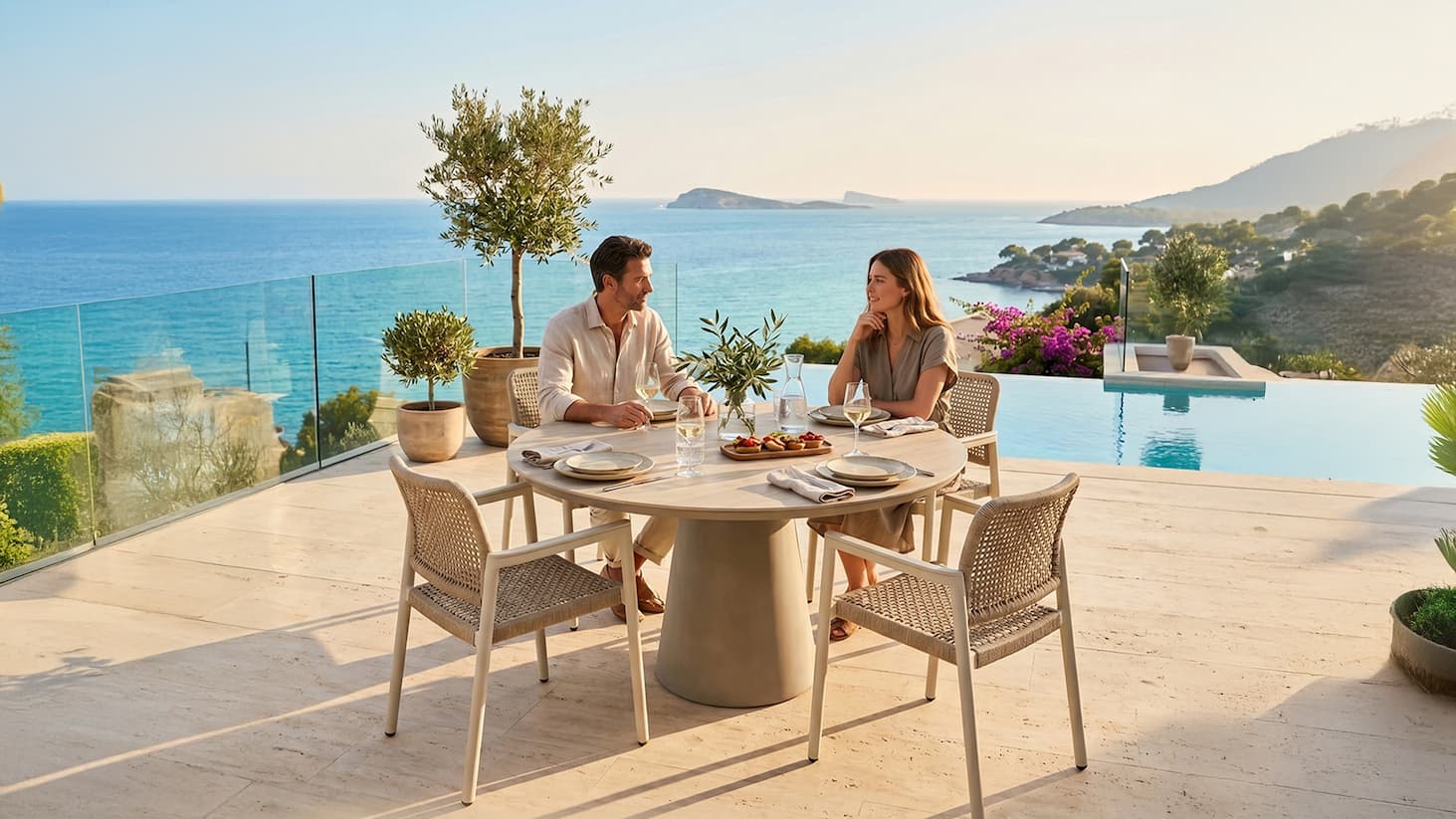 Couple enjoying outdoor dining furniture on a coastal terrace
