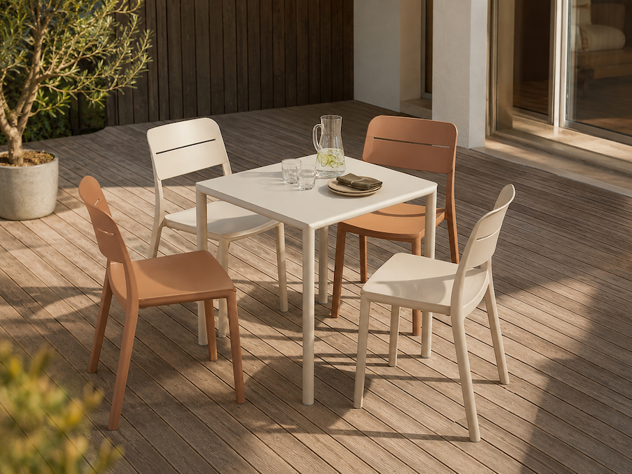 Warm earth-tone outdoor setting with terracotta and sage Nardi chairs on a timber deck