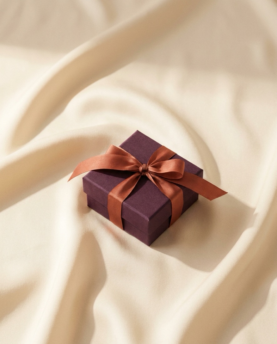 A plum gift box with a terracotta ribbon on cream silk