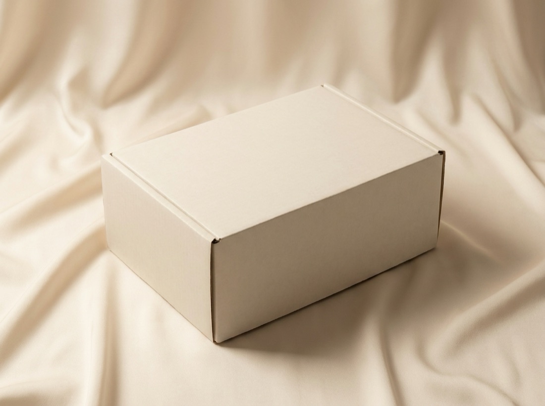 A plain unmarked shipping box on cream silk