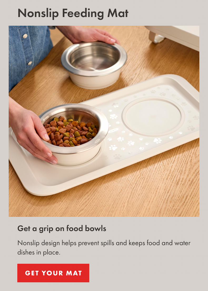 Nonslip Feeding Mat. Get a grip on food bowls. Nonslip design prevents spills and keeps food and water dishes in place. | GET YOUR MAT