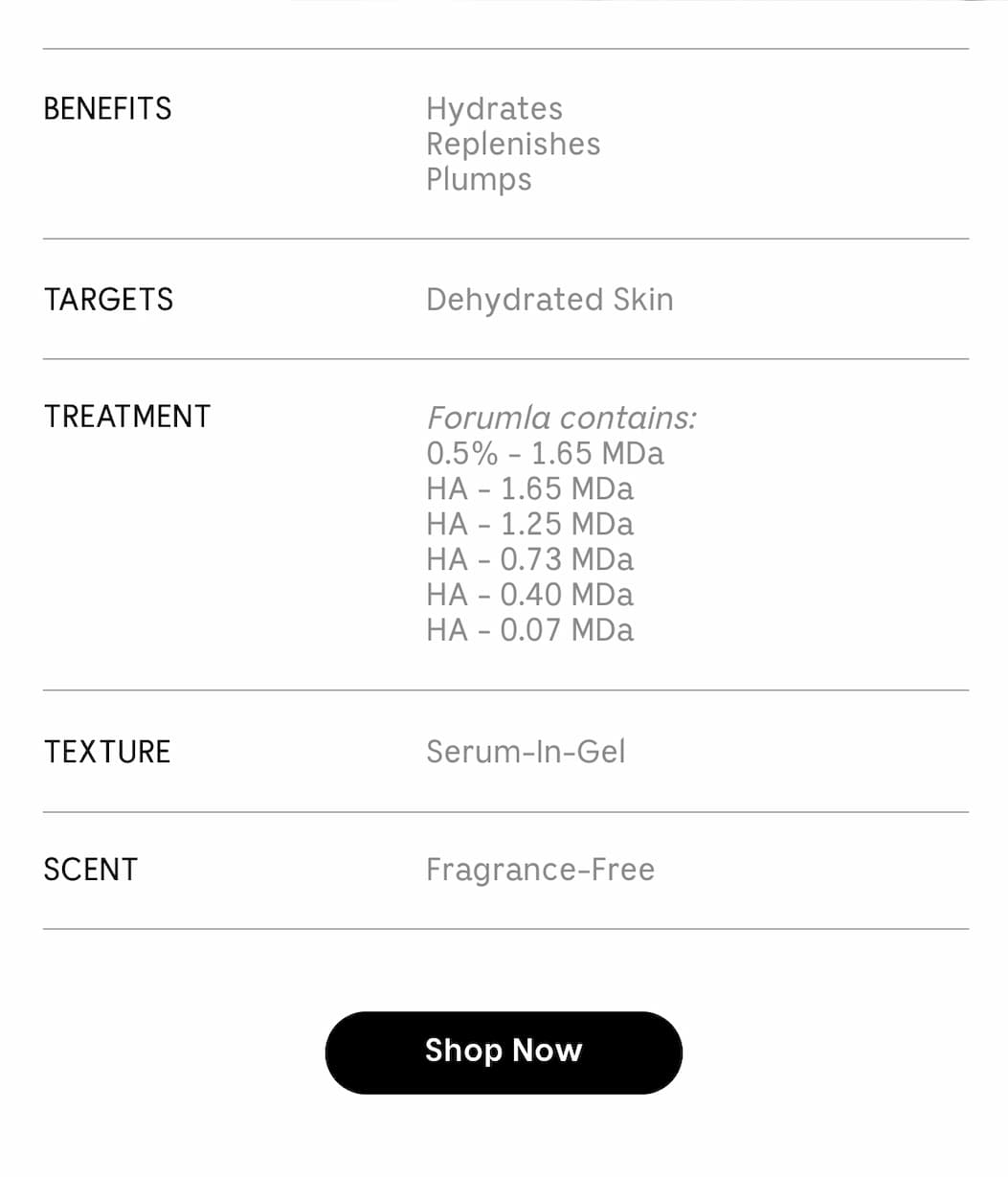 Hydrates, Replenishes, Plumps. Targets Dehydrated Skin.