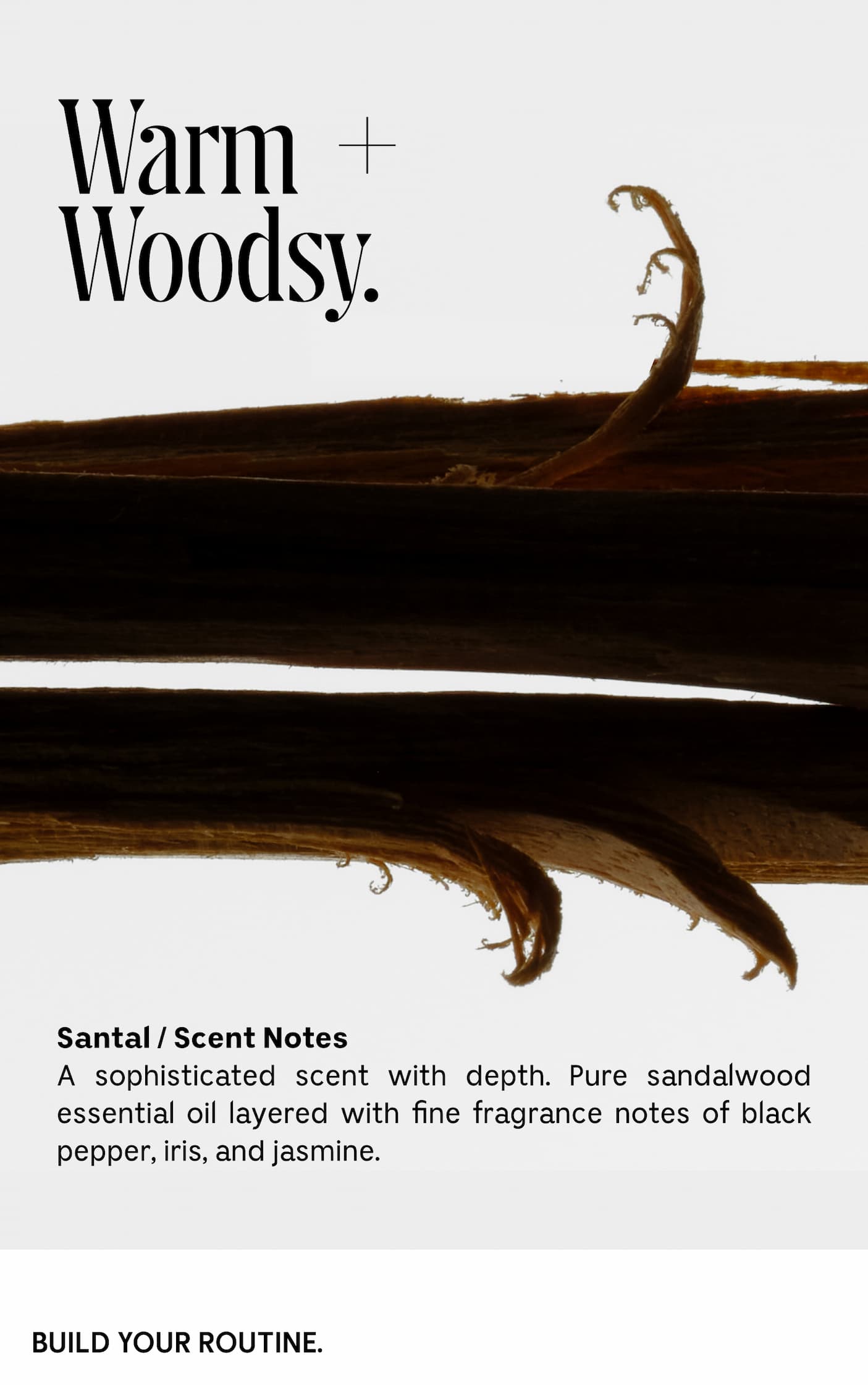 Santal / Scent Notes | A sophisticated scent with depth. Pure sandalwood essential oil layered with fine fragrance notes of black pepper, iris and jasmine. | BUILD YOUR ROUTINE.