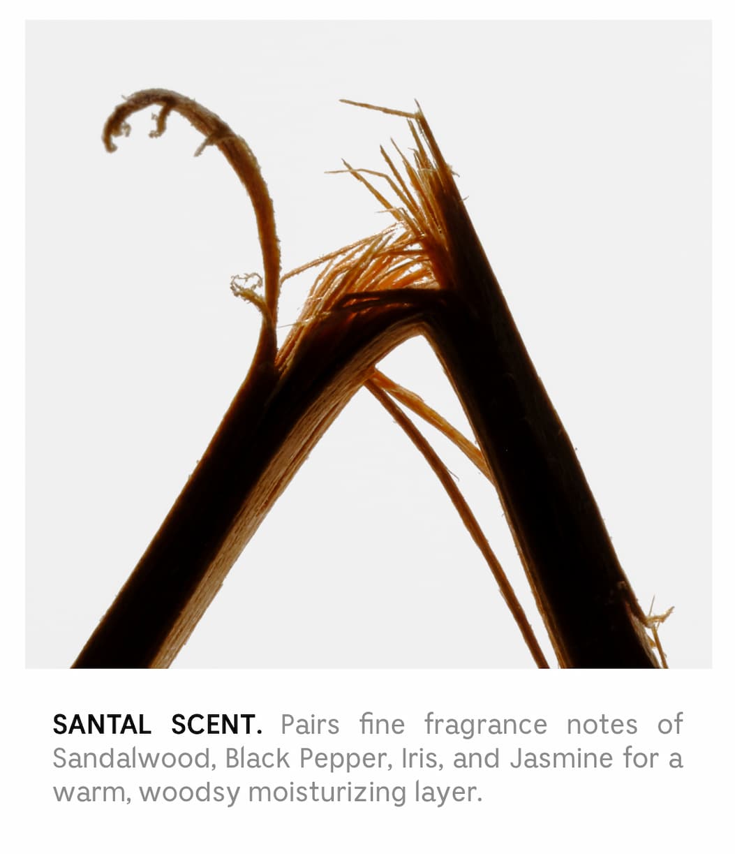 SANTAL SCENT. Pairs fine fragrance notes of Sandalwood, Black Pepper, Iris, and Jasmaine for a warm, woodsy moisturizing layer.