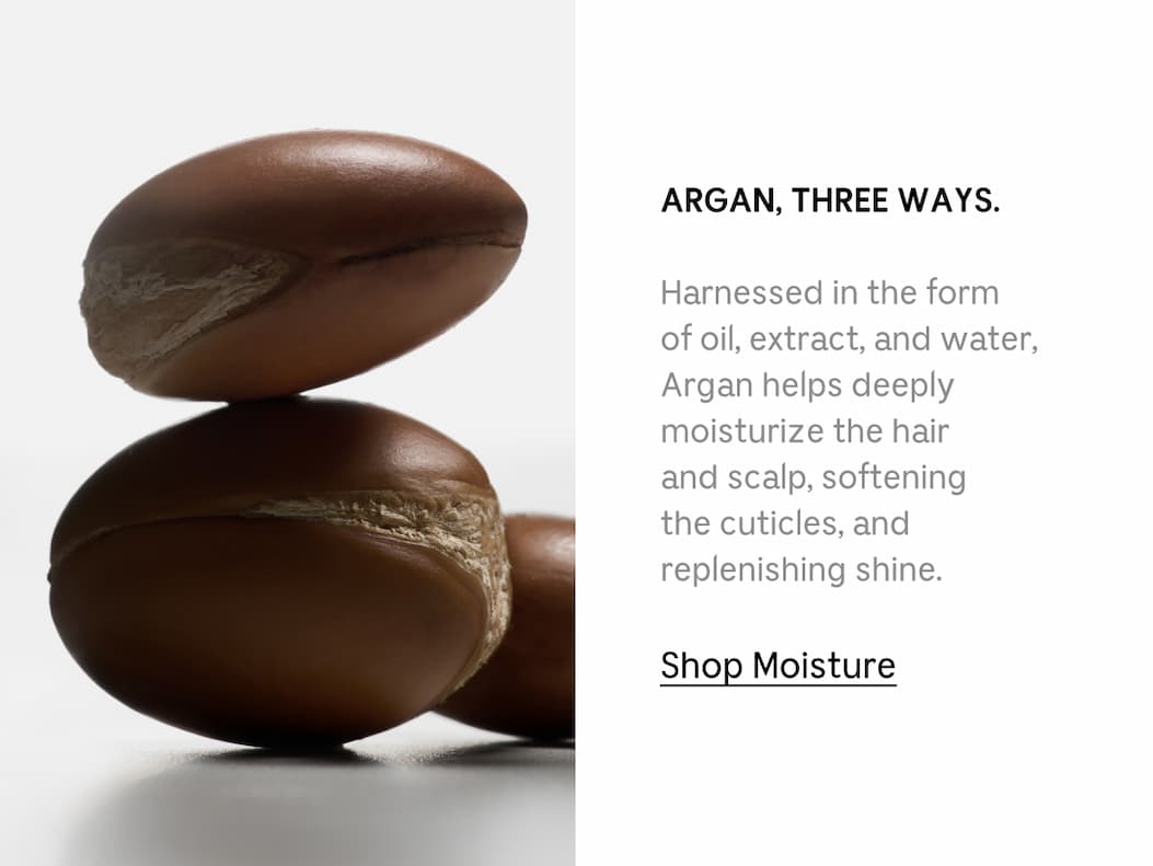 ARGAN, THREE WAYS. Harnessed in the water, Argan helps deeply moisturize the hair and scalp, softening the cuticles, and replenishing shine. [ Shop Moisture ]