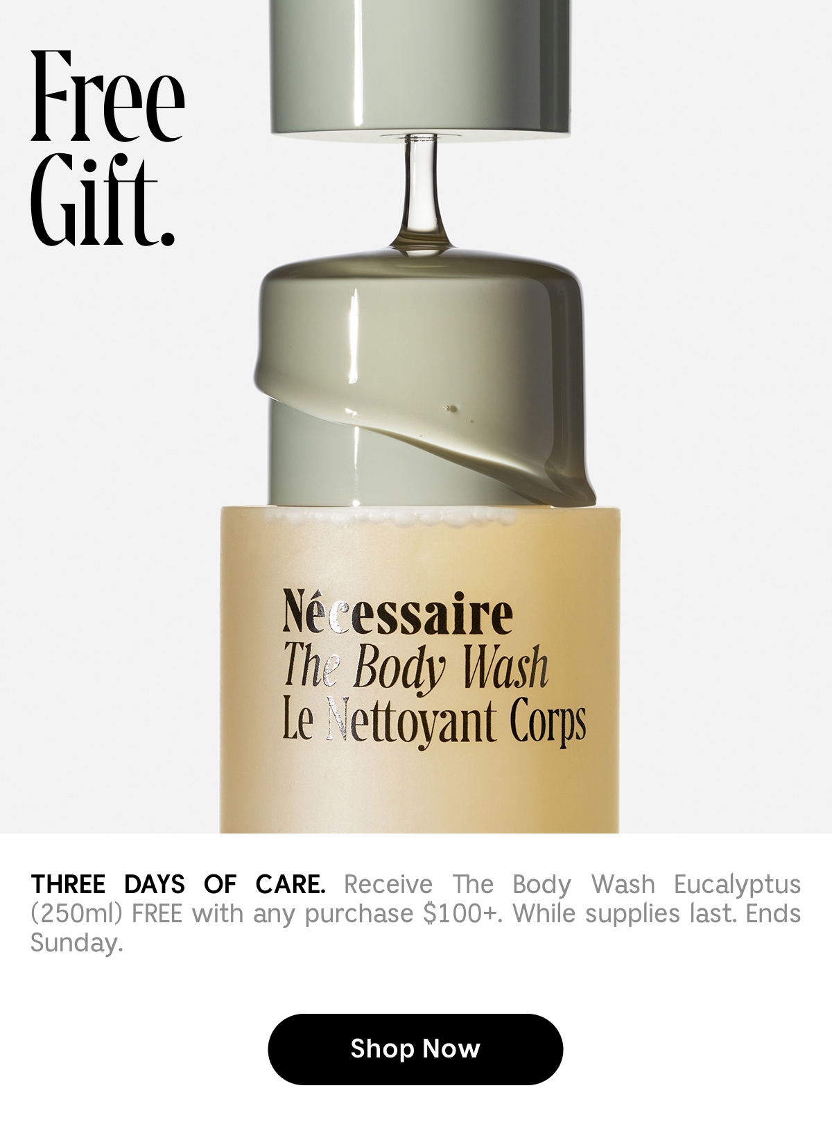 THREE DAYS OF CARE. Receive The Body Wash Eucalyptus (250ml) FREE with any purchase $100+. While supplies last. Ends Sunday.