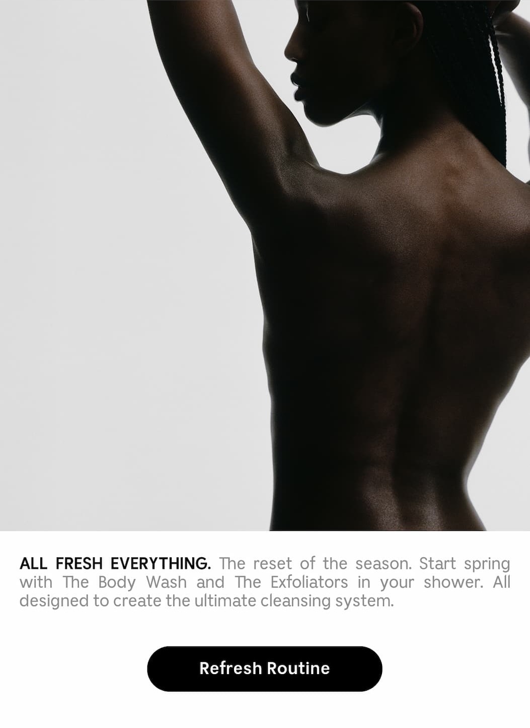 ALL FRESH EVERYTHING. The reset of the season. Start spring with The Body Wash and The Exfoliators in your shower. All designed to create the ultimate cleansing system. Refresh Routine