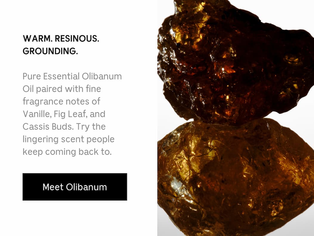 WARM. RESINOUS. GROUNDING. Pure Essential Olibanum Oil paired with fine fragrance notes of Vanille, Fig Leaf, and Cassis Buds. Try the lingering scent people keep coming back to. [ Meet Olibanum ]