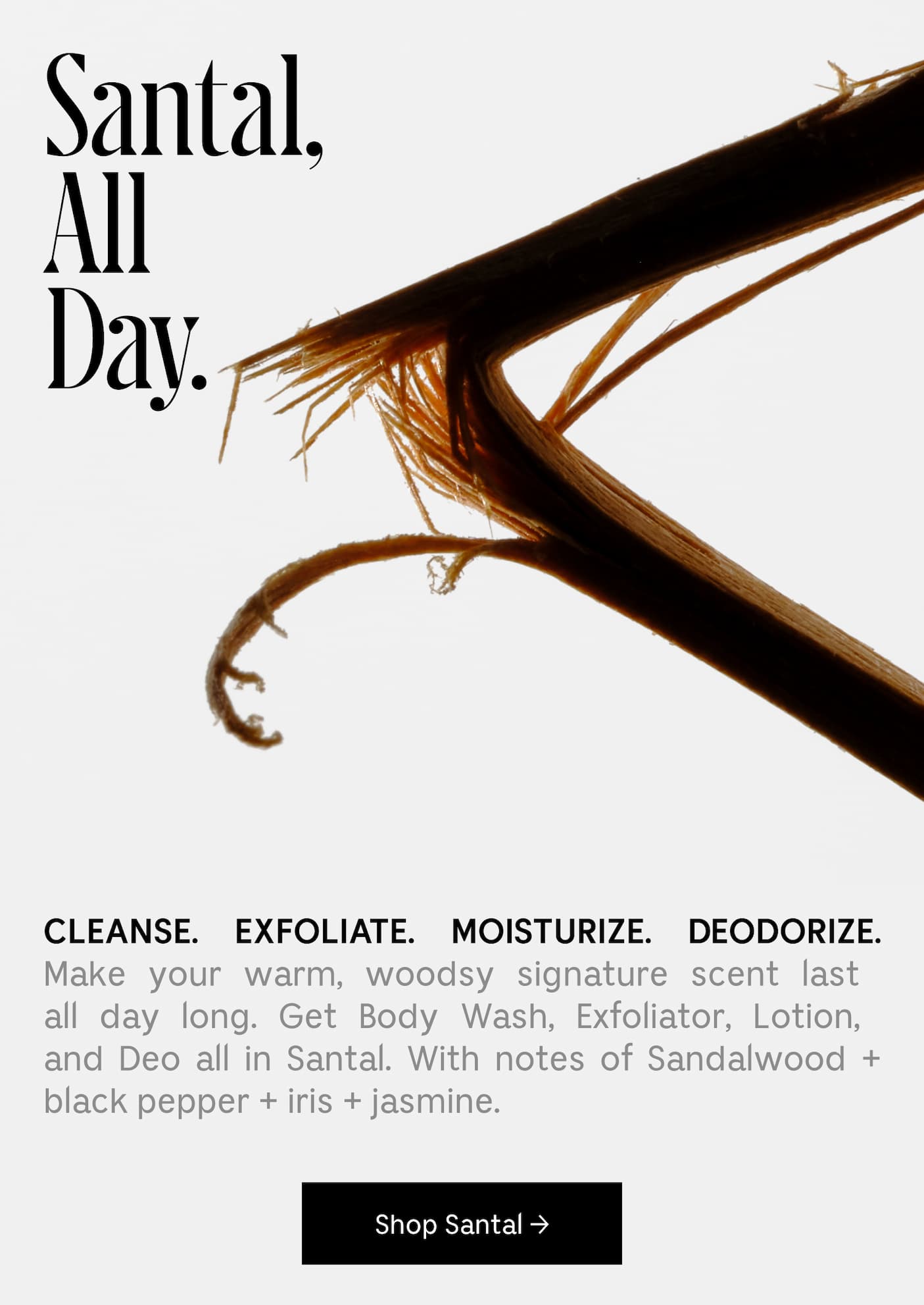 CLEANSE. EXFOLIATE. MOISTURIZE. DEODORIZE. Make your warm, woodsy signature scent last all day long. Get Body Wash, Exfoliator, Lotion, and Deo all in Santal. With notes of Sandalwood + black pepper + iris + jasmine. Shop Santal
