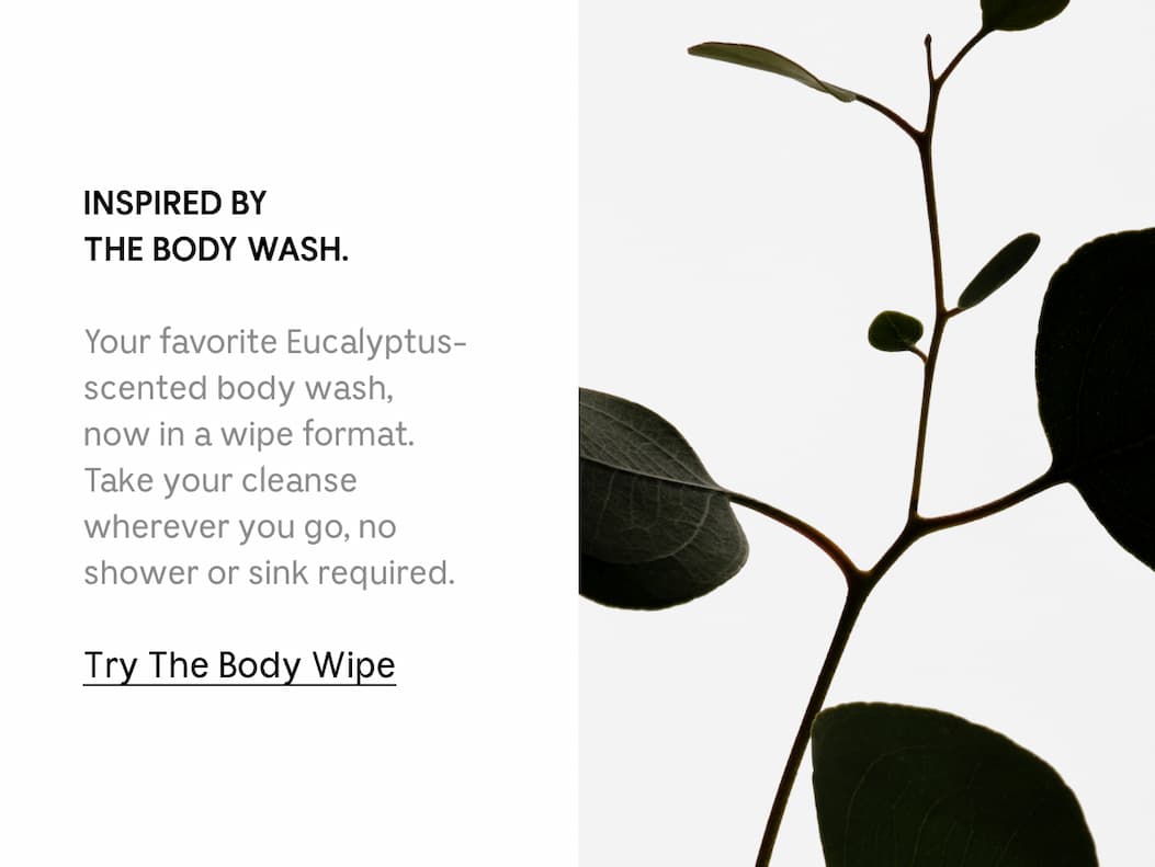 INSPIRED BY THE BODY WASH. Your favorite Eucalyptus-scented body wash, now in a wipe format. Take your cleanse wherever you go, no shower or sink required. Try The Body Wipe