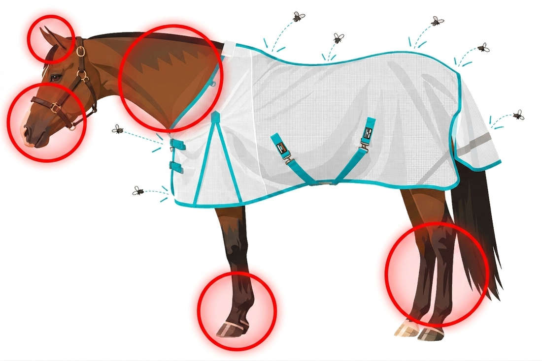 A fly sheet covers the body, but the face, ears, and lower legs stay exposed