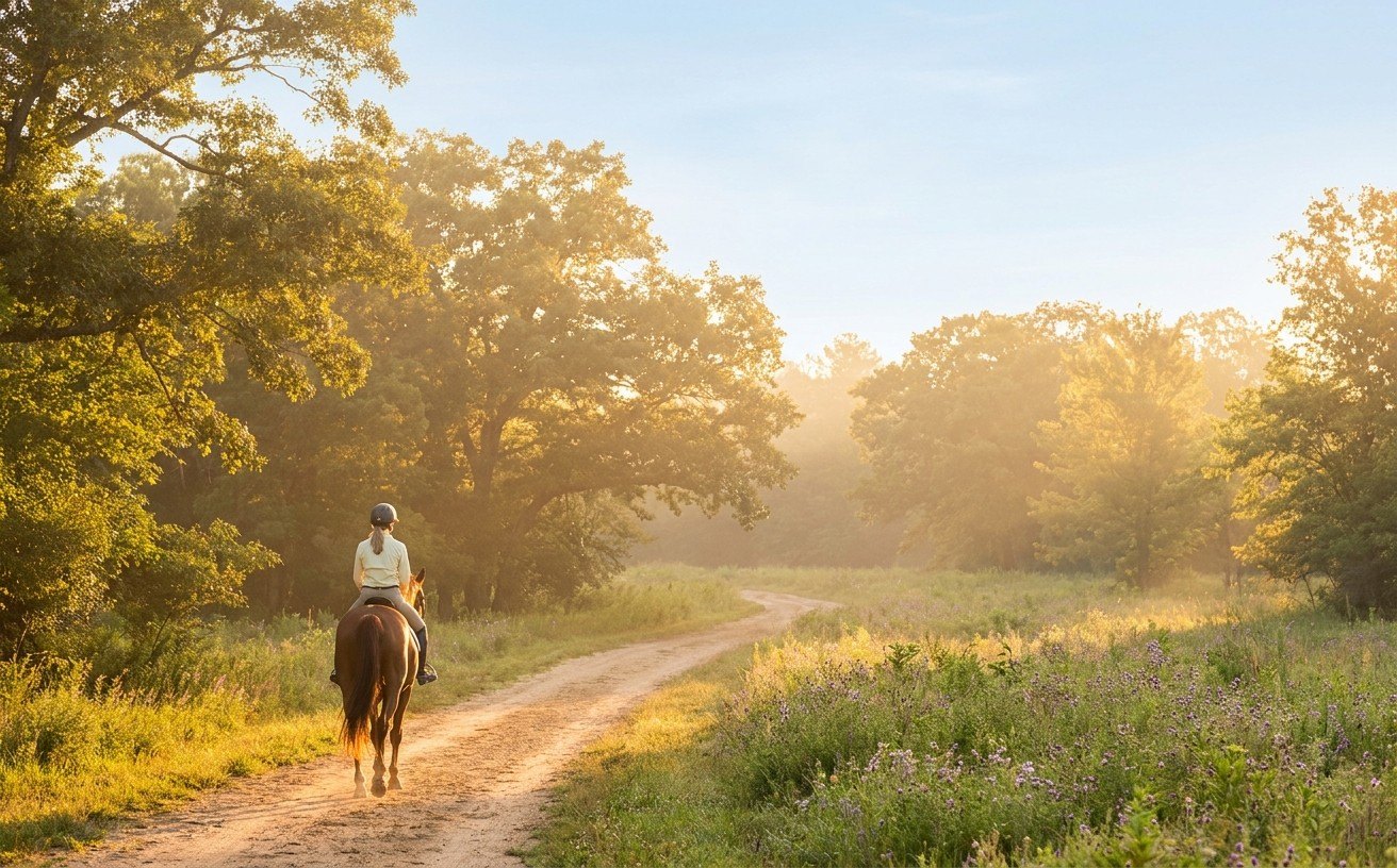 A rider and horse on a sunlit summer trail through the woods