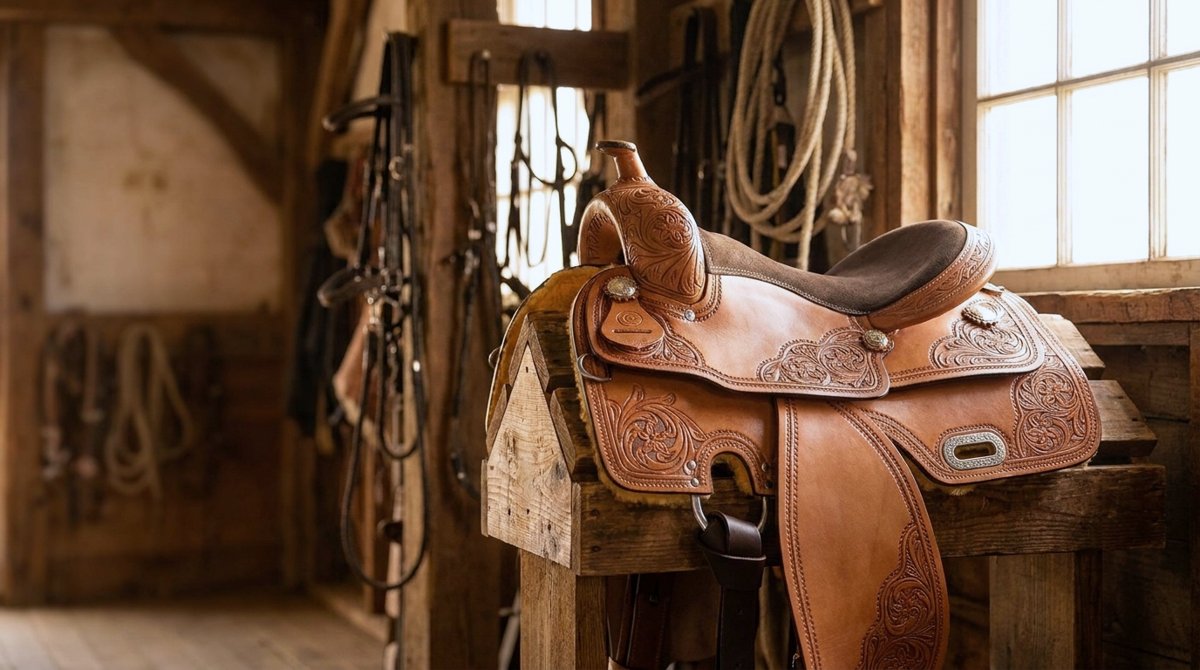 A tooled Western saddle on a stand in a sunlit tack room