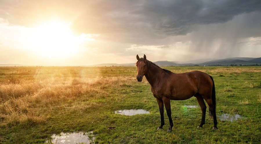A horse in a summer pasture under a split sky -- blazing sun on one side, a storm rolling in on the other