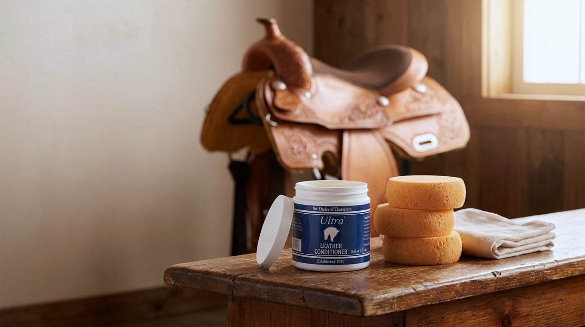 Ultra Leather Conditioner and fine-pore tack sponges on a tack-room bench