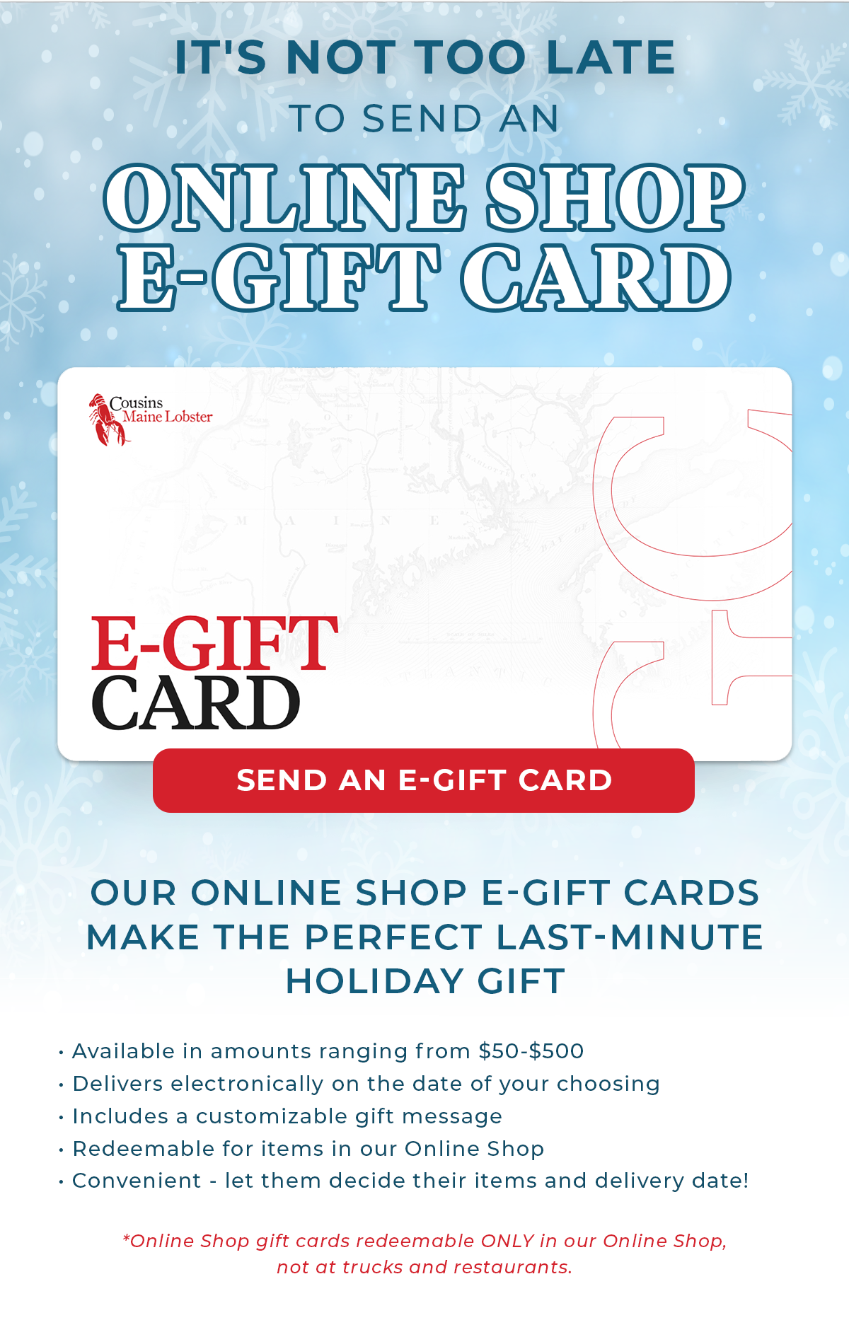 It's not too late, send an EGift Card! 💳 🎁 🦞 Cousins Maine Lobster